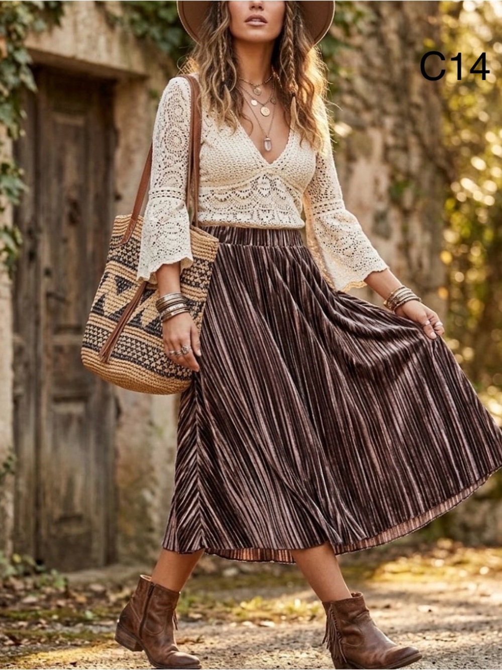 Metro Wear  boho Velvet Brown Striped Pleated Midi Skirt,Size small